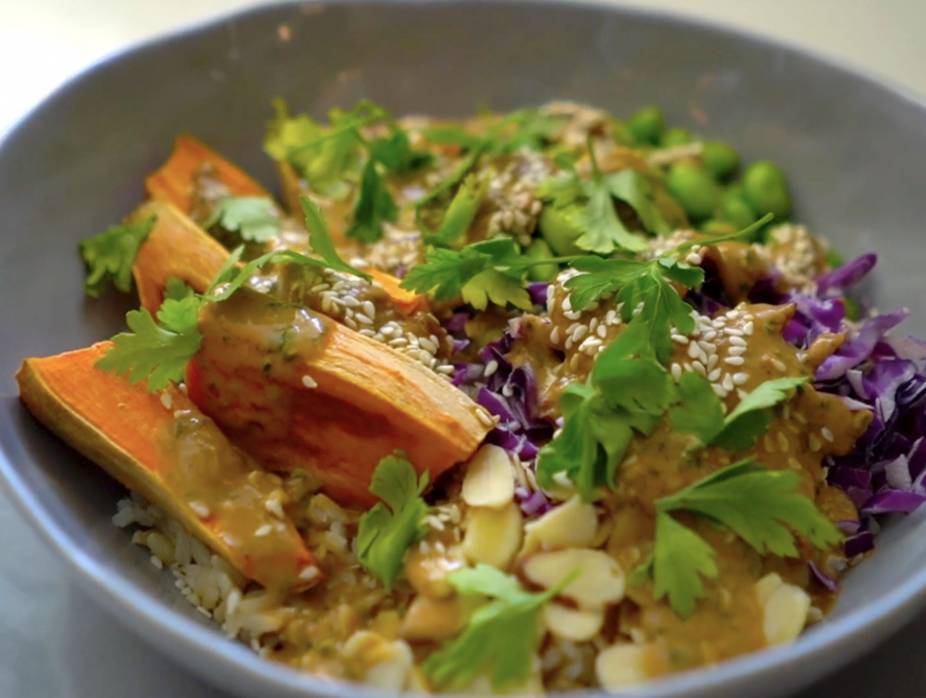Sweet Potato Edamame Brown Rice Bowl with AlmondBasil Dressing