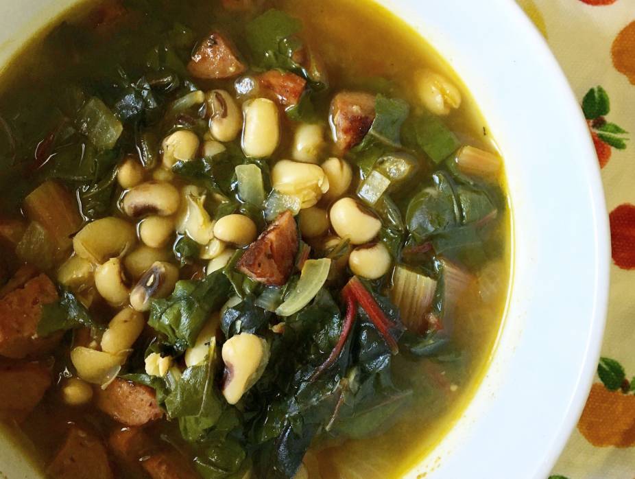 Sausage, Black Eyed Pea, and Swiss Chard Soup