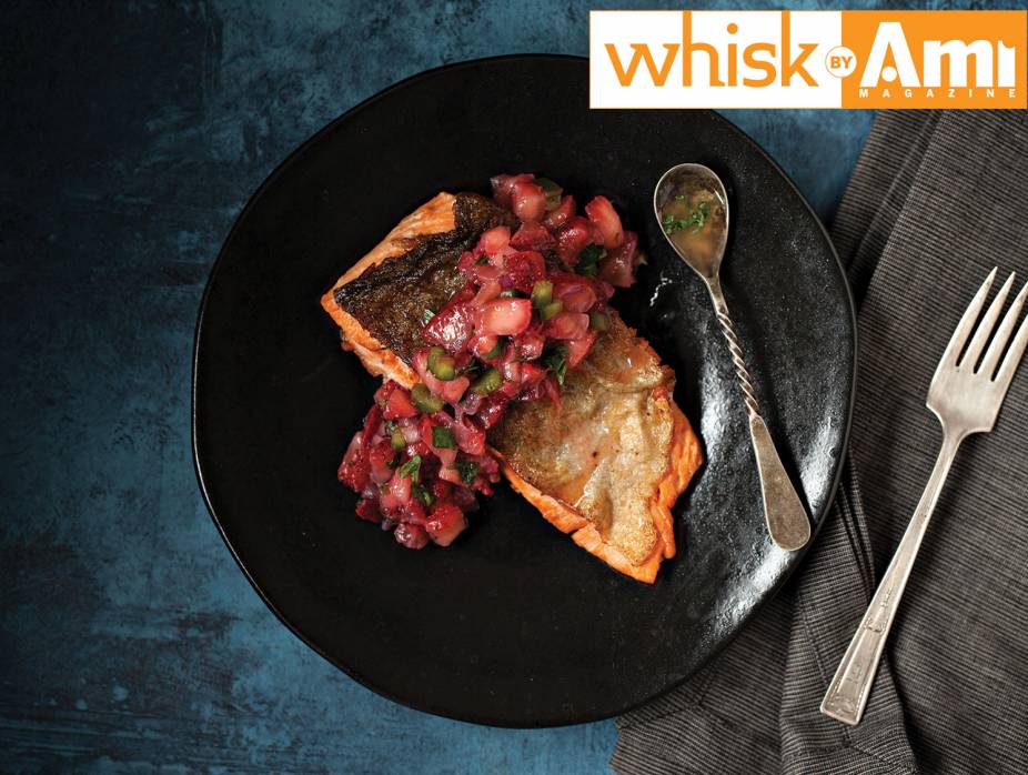 Pan-Seared Arctic Char with Strawberry Salsa and Passion Fruit Wine Sauce