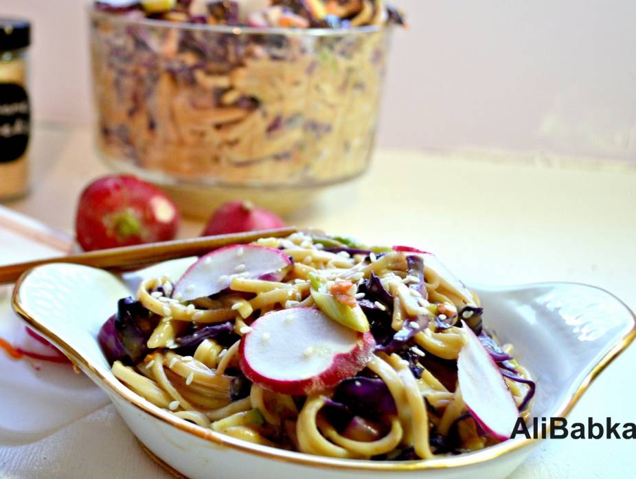 Peanut Udon Noodles with Sautéed Red Cabbage