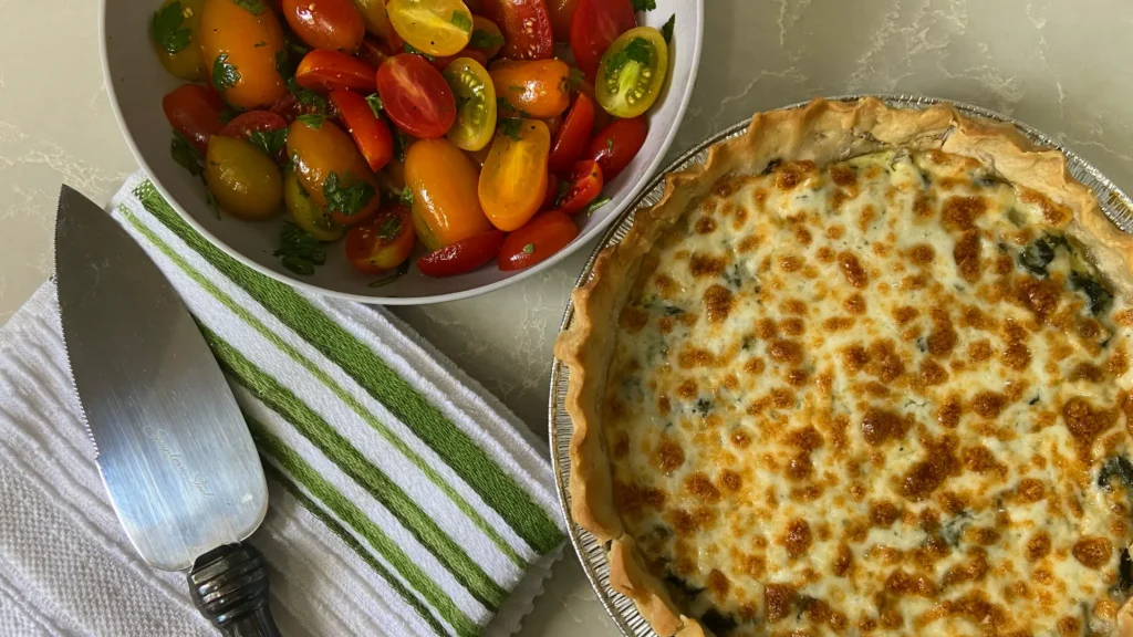 Rena and Rena's mother making Spinach Cheese Quiche and Tomato Salad milchig dairy for Shavuot