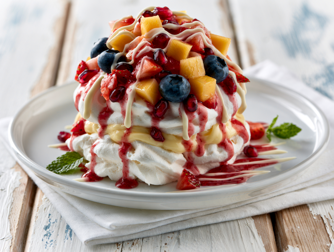 Pavlova with Fresh Fruit and Strawberry Sauce