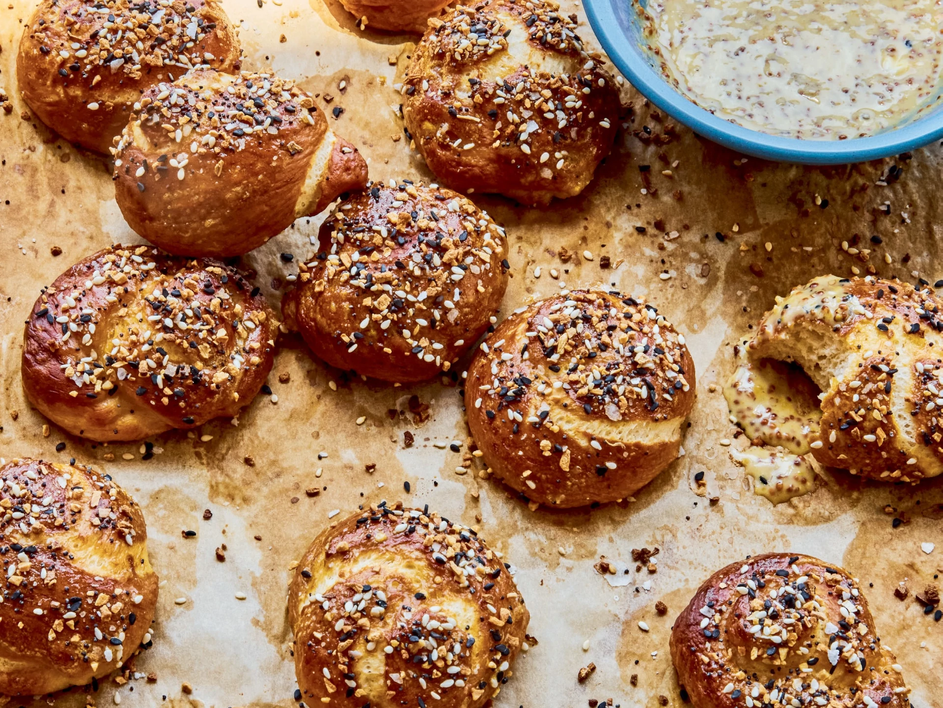 Everything Soft Pretzel Knots with Mustard Dipping Sauce