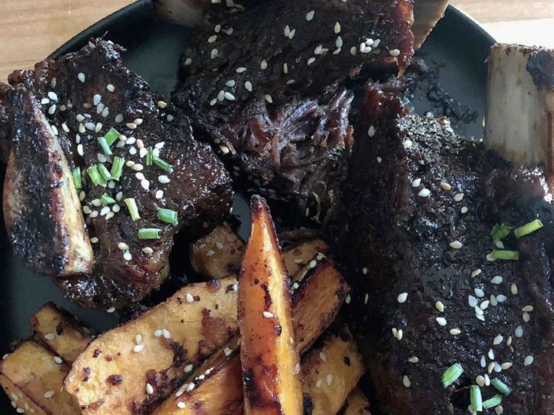 Sweet and Sticky Bone-In Flanken with Miso-Ginger Sweet Potato Spears