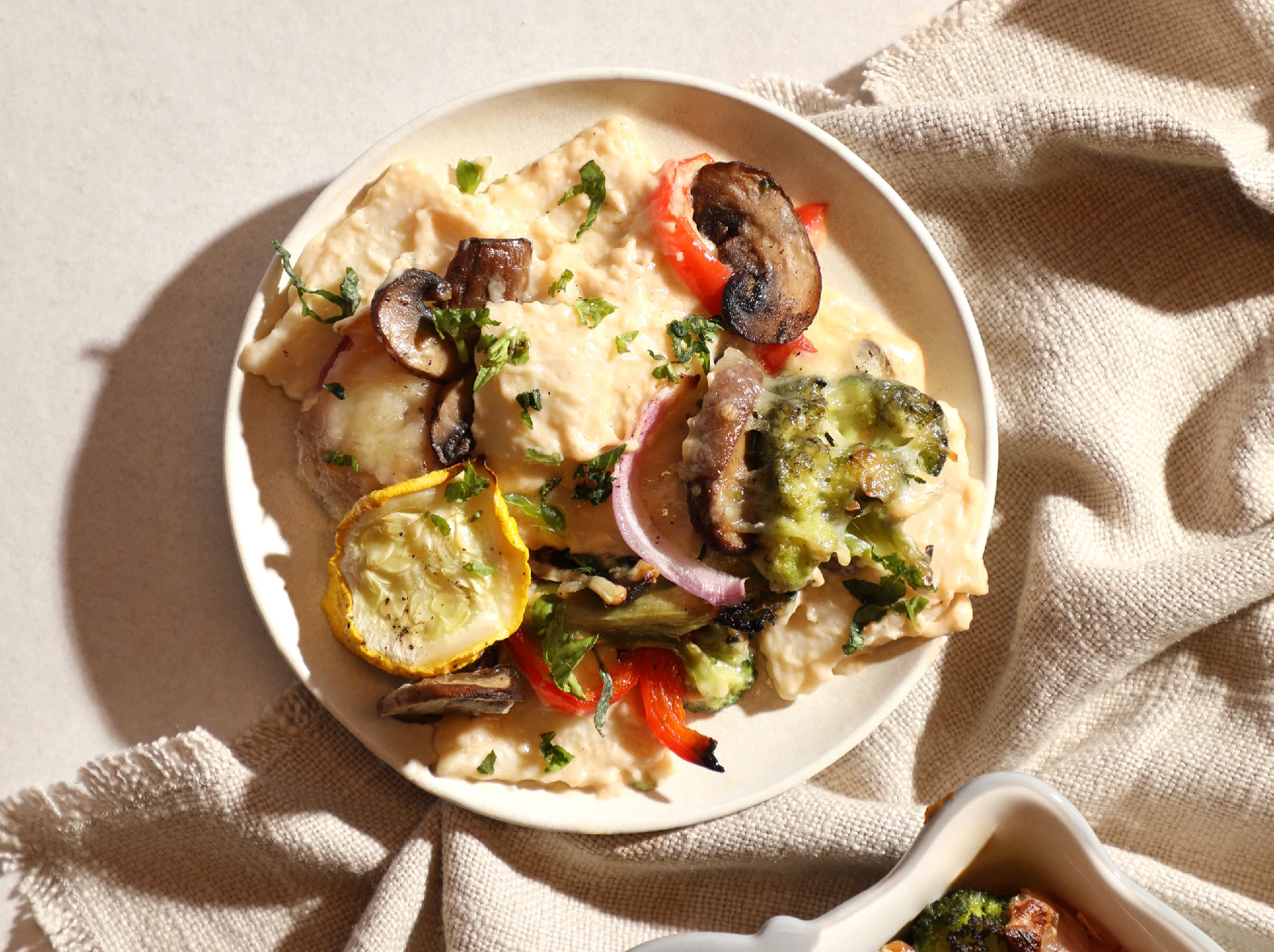 Garden Roasted Ravioli Alfredo Bake