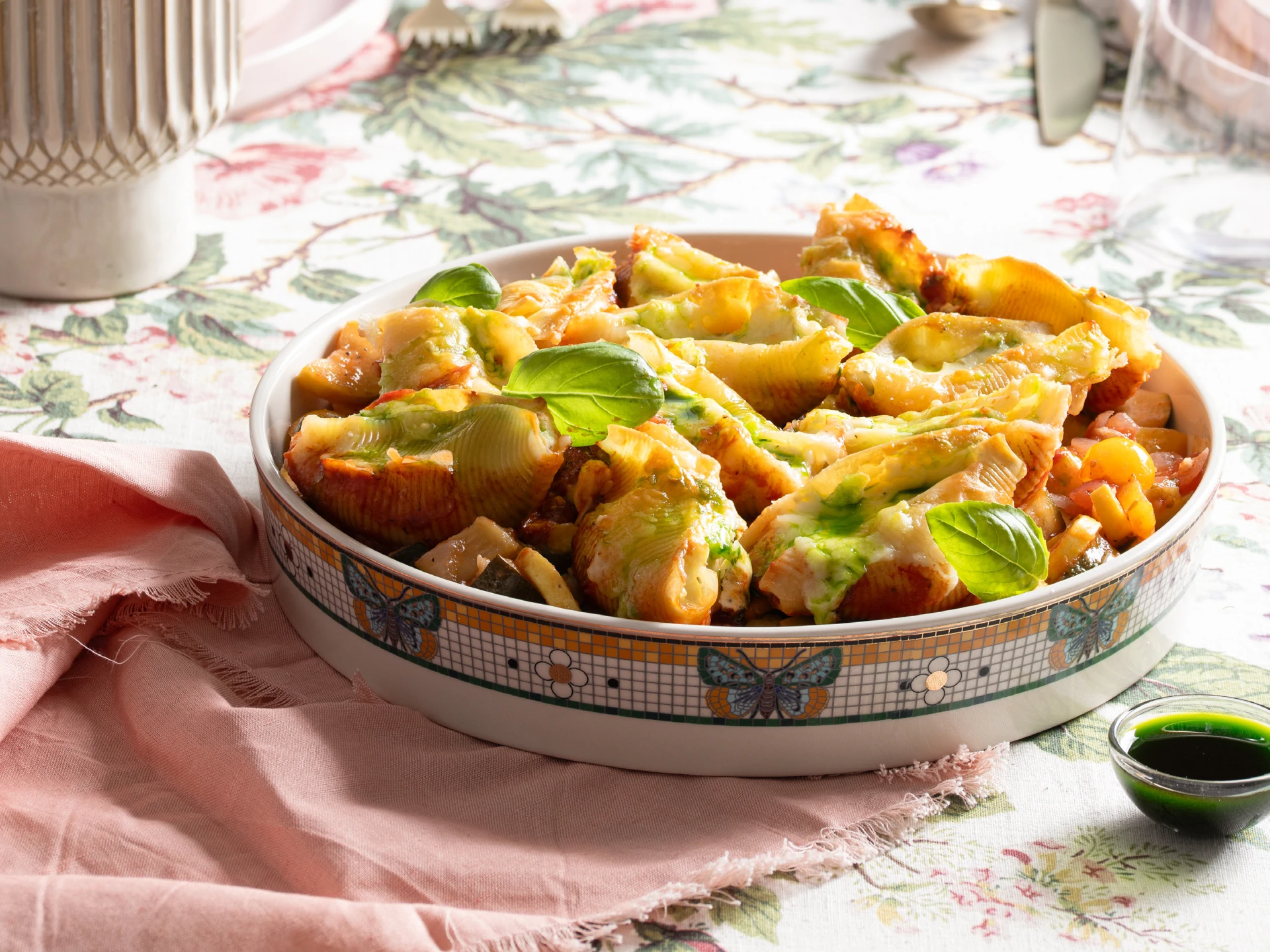 Baked Five-Cheese-Stuffed Shells with Spring Vegetable Ratatouille and Green Herb Oil