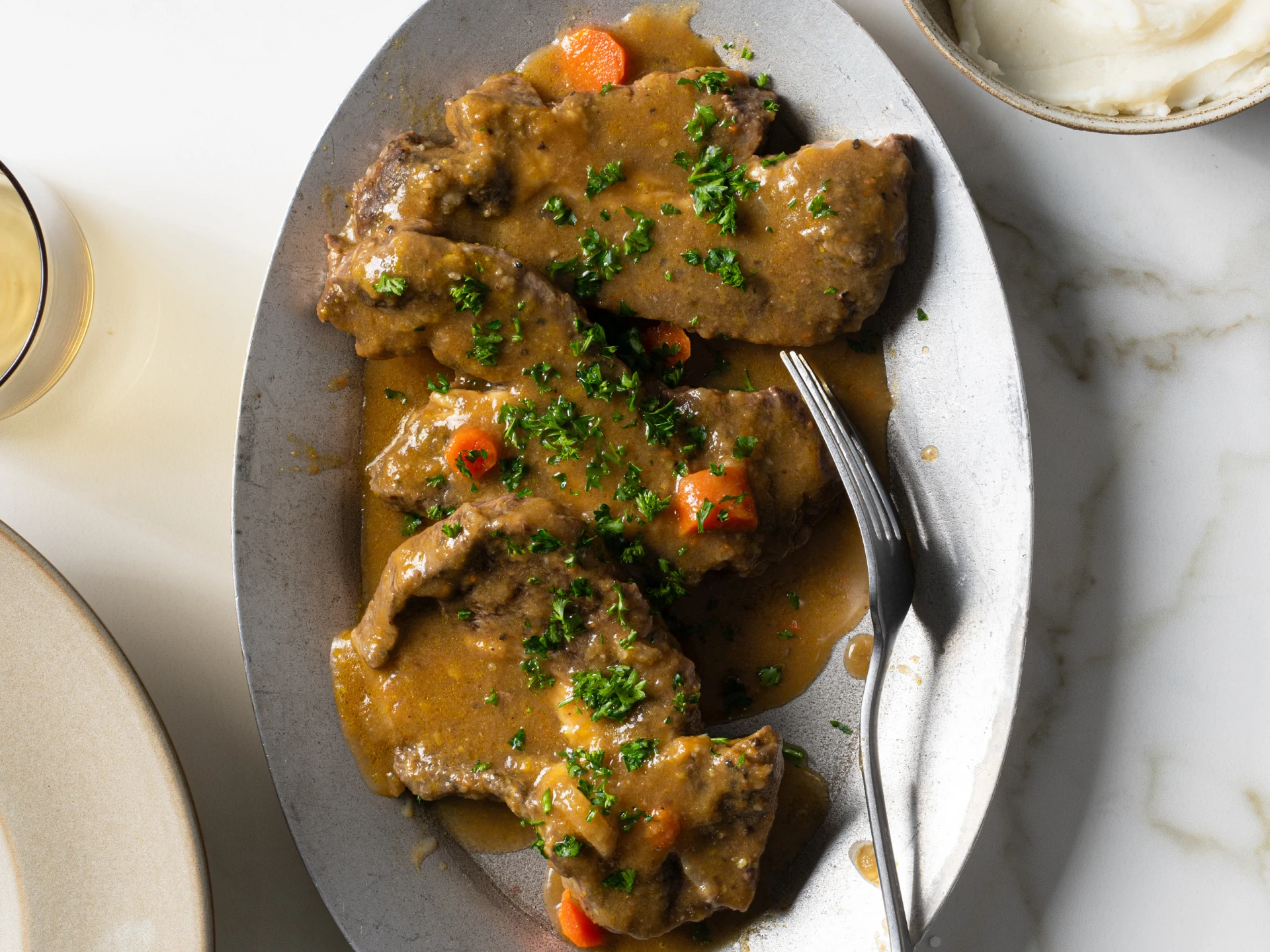 Slow-Braised Club Steaks and Root Vegetable Gravy