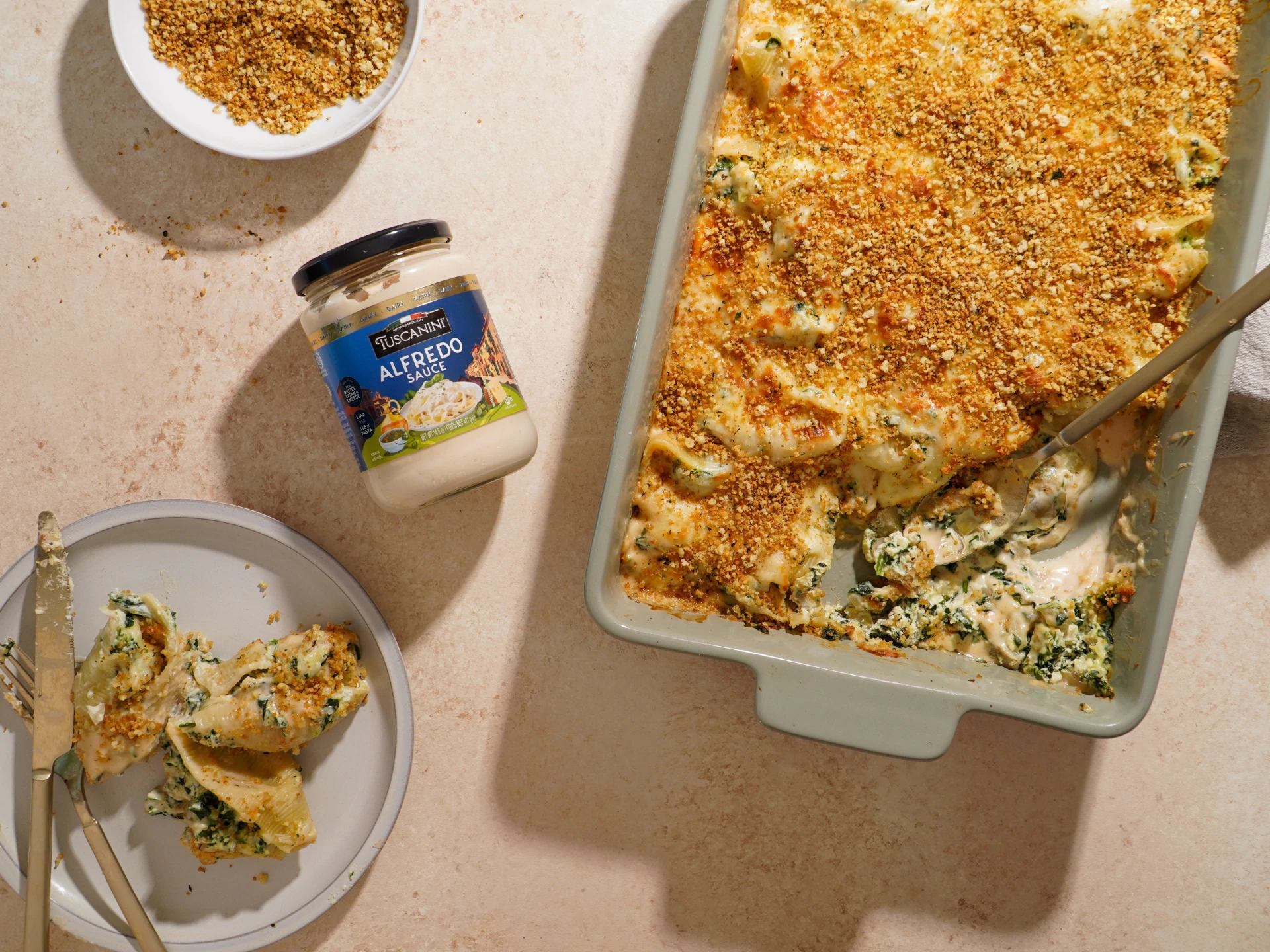 Spinach, Artichoke, and Ricotta-Stuffed Shells with Alfredo Sauce