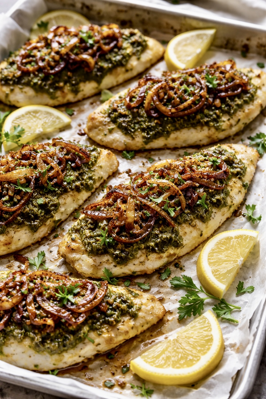Pesto Tilapia Topped with Caramelized Onions