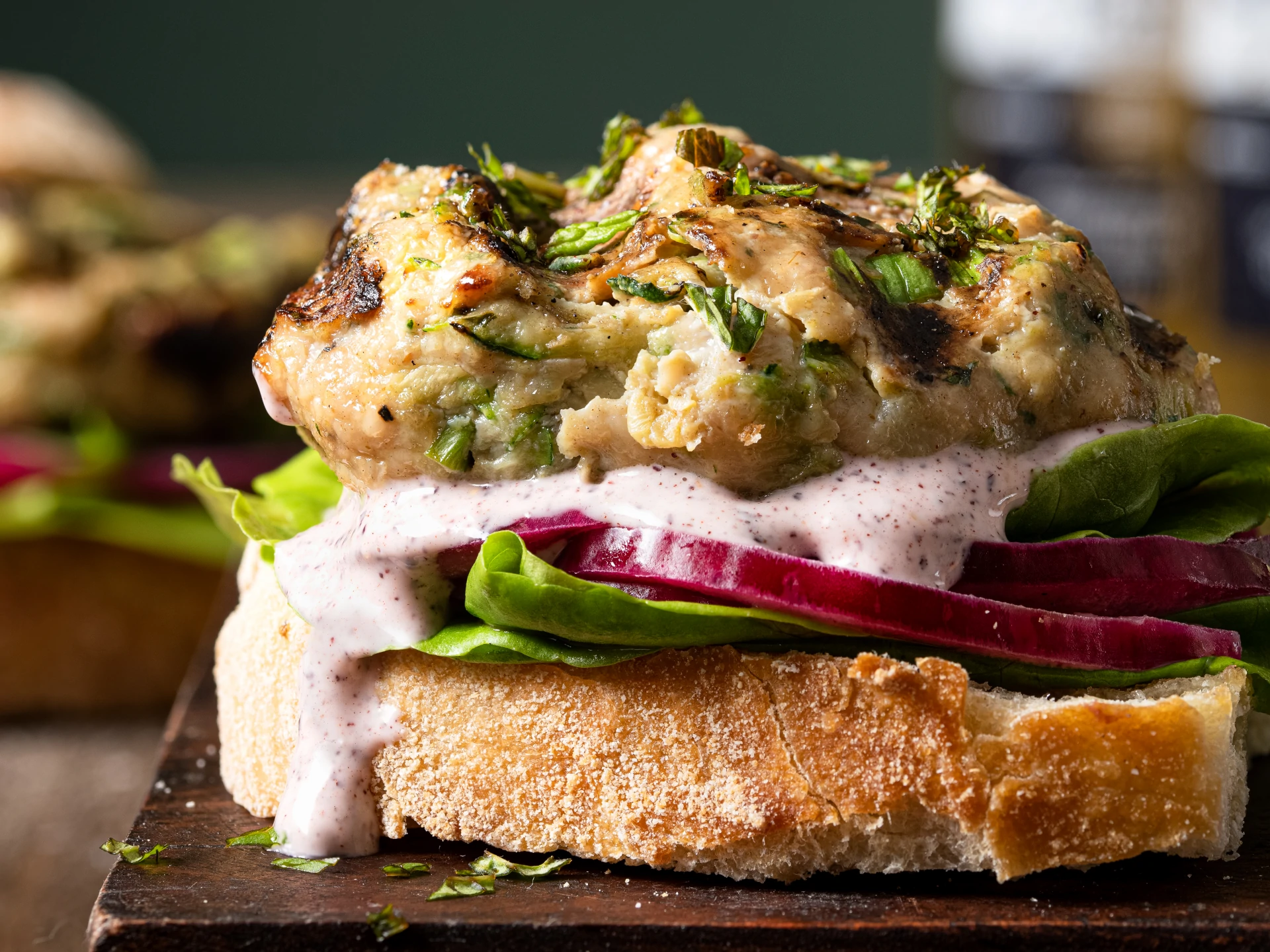 Chicken Zucchini Burgers with Sumac Sauce and Pickled Onions
