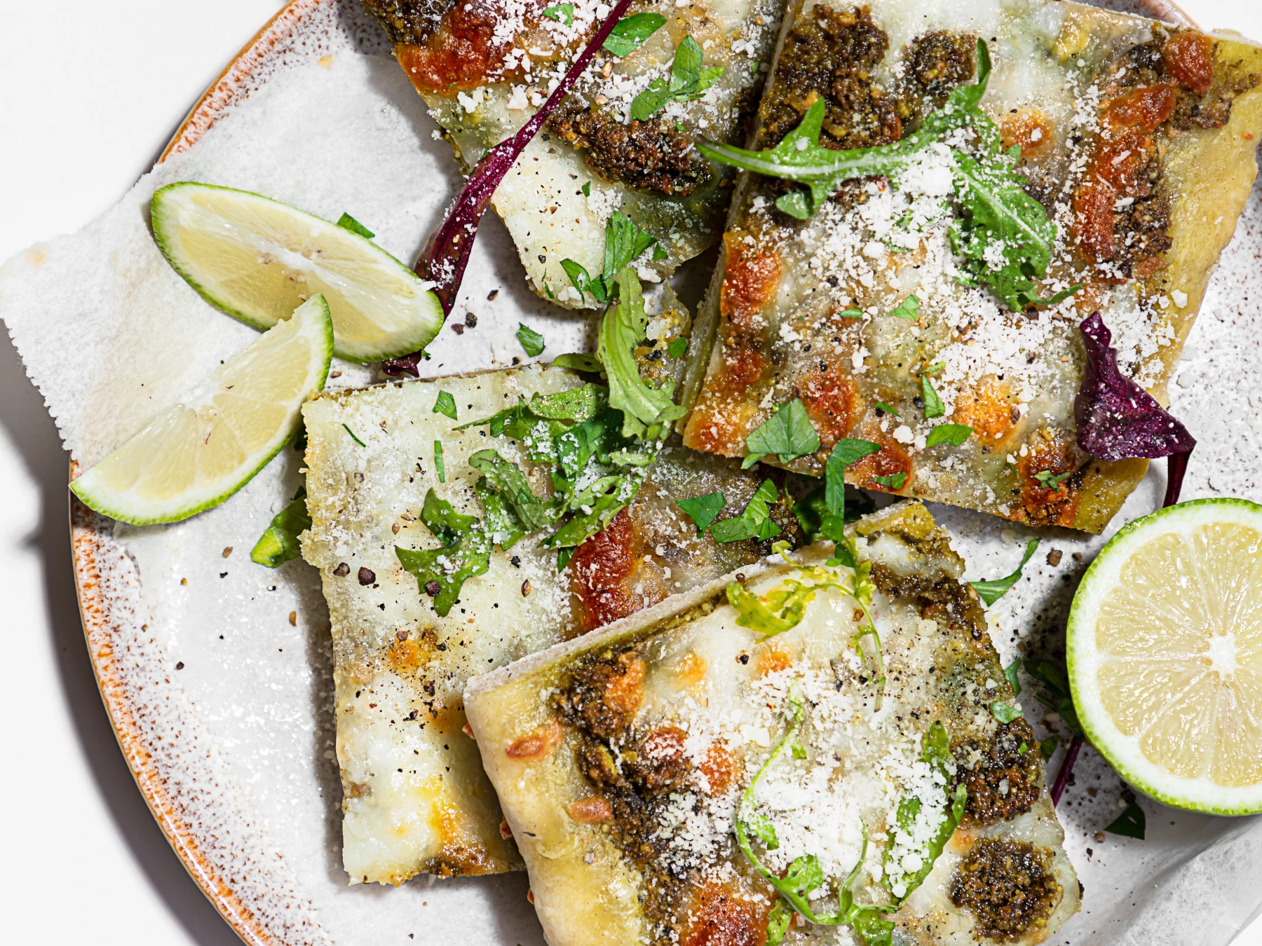 Yeast-Free Pizza Dough with Pistachio Pesto and Cheese