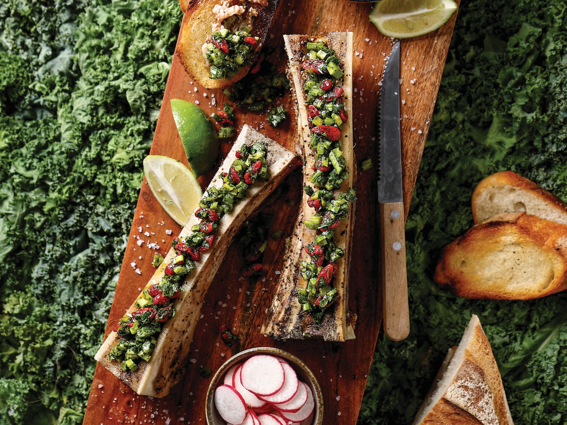 Grilled Marrow Bones with Herb Salad