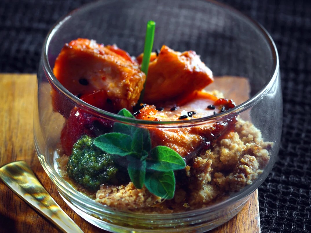 Roasted Salmon with Nut Crumble and Pesto