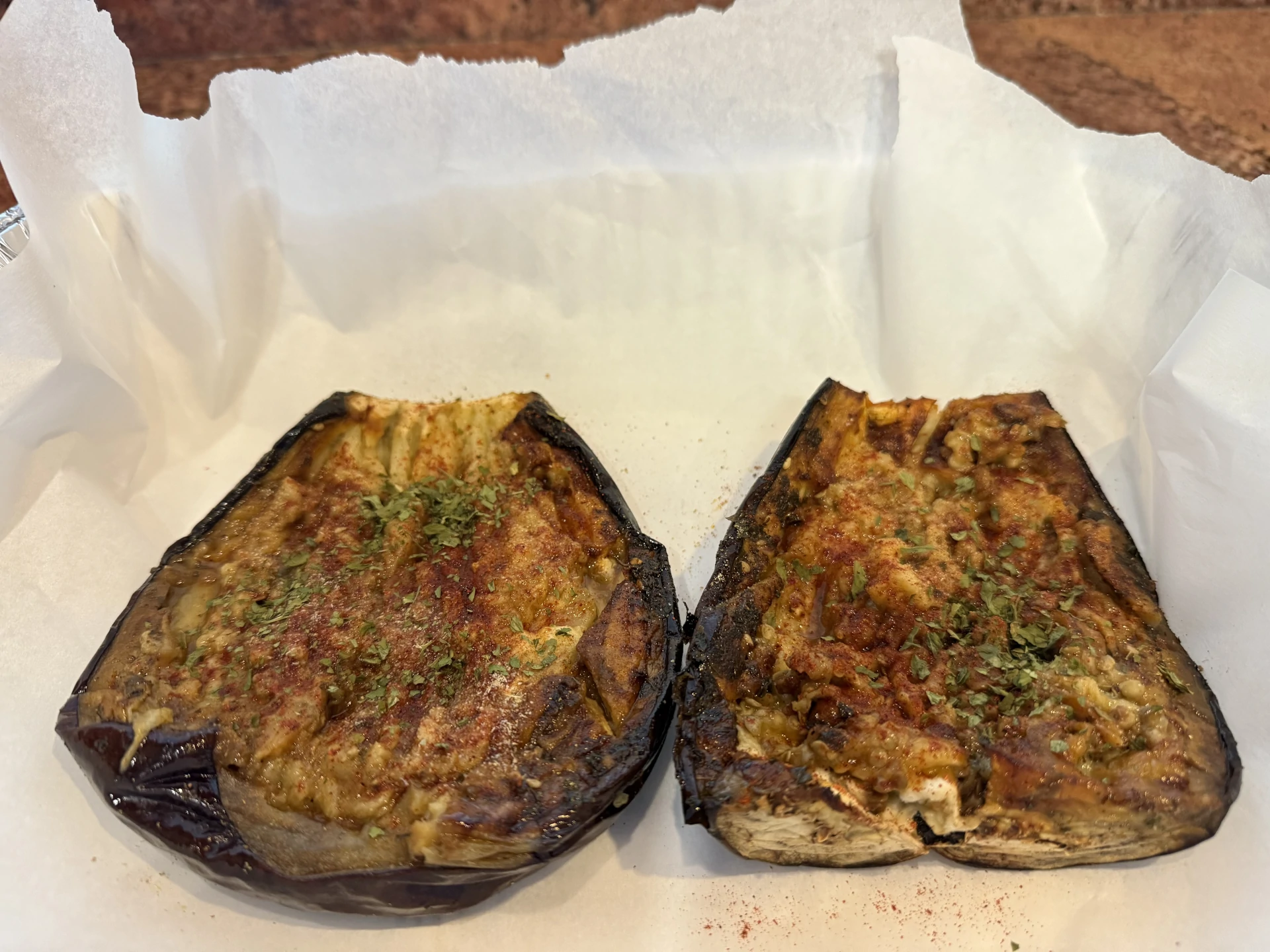 Shawarma Roasted Eggplant with Techina