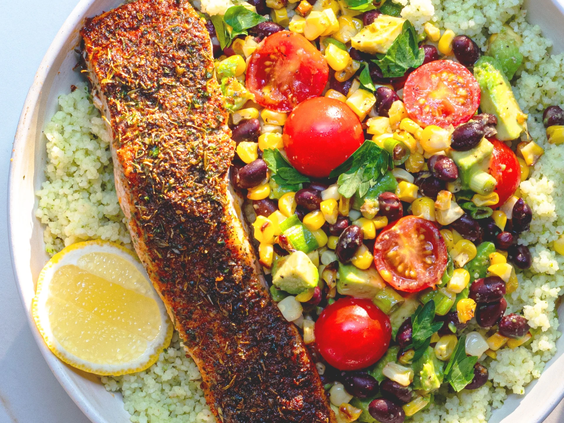 Blackened Salmon with Charred Corn and Black Bean Salsa over Green Couscous