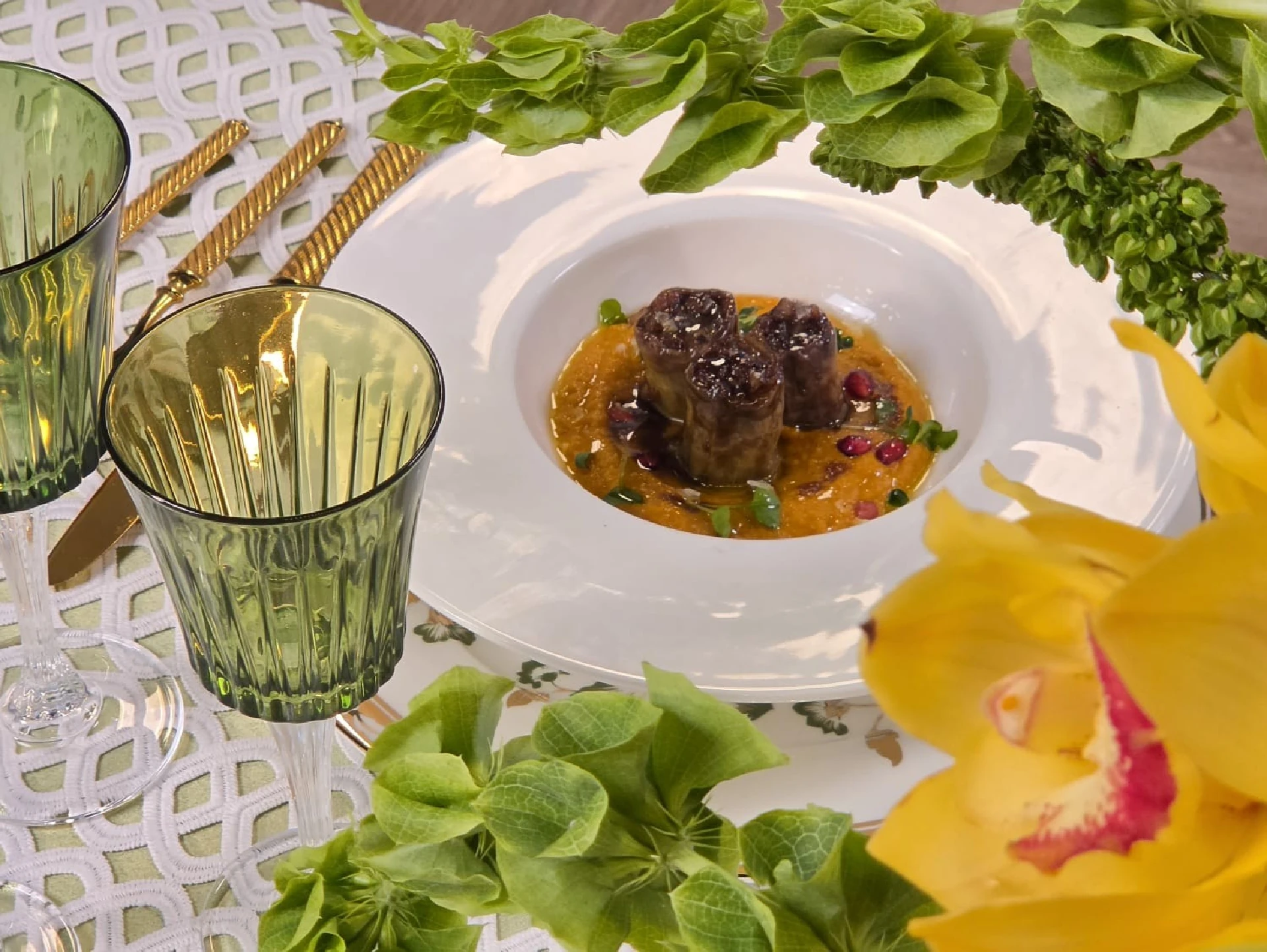 Honey-Pomegranate Glazed Stuffed Leeks over Roasted Carrot, Butternut, and Golden Beet Puree