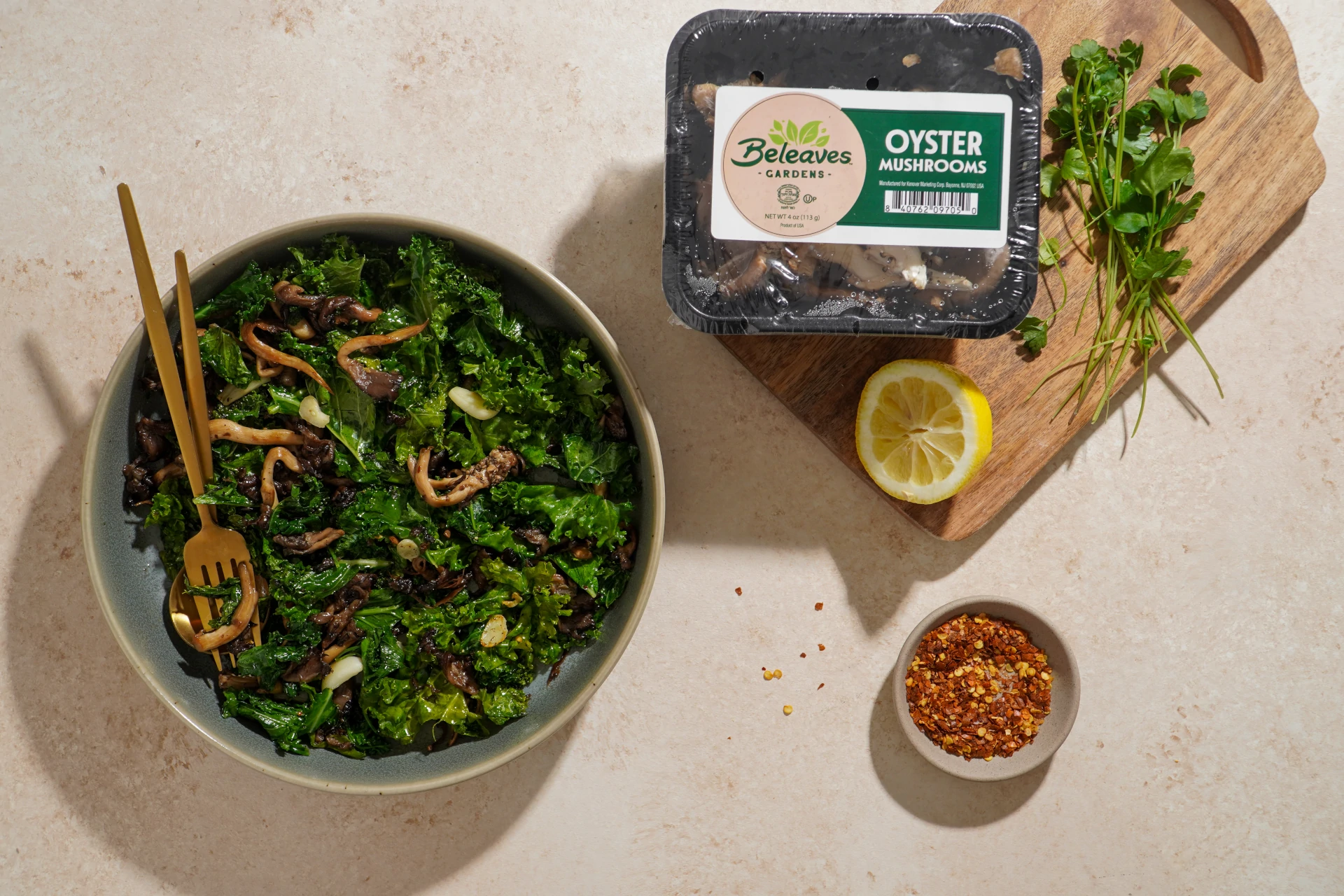 Crispy Oyster Mushrooms with Garlicky Kale