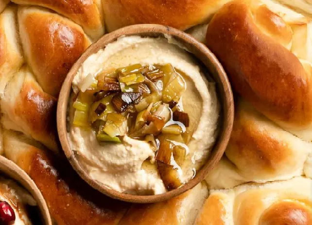 Caramelized Leek over Hummus
