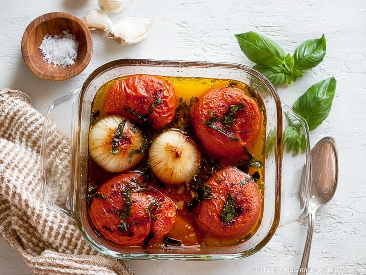 Tomatoes and Onions in Olive Oil with Fresh Basil