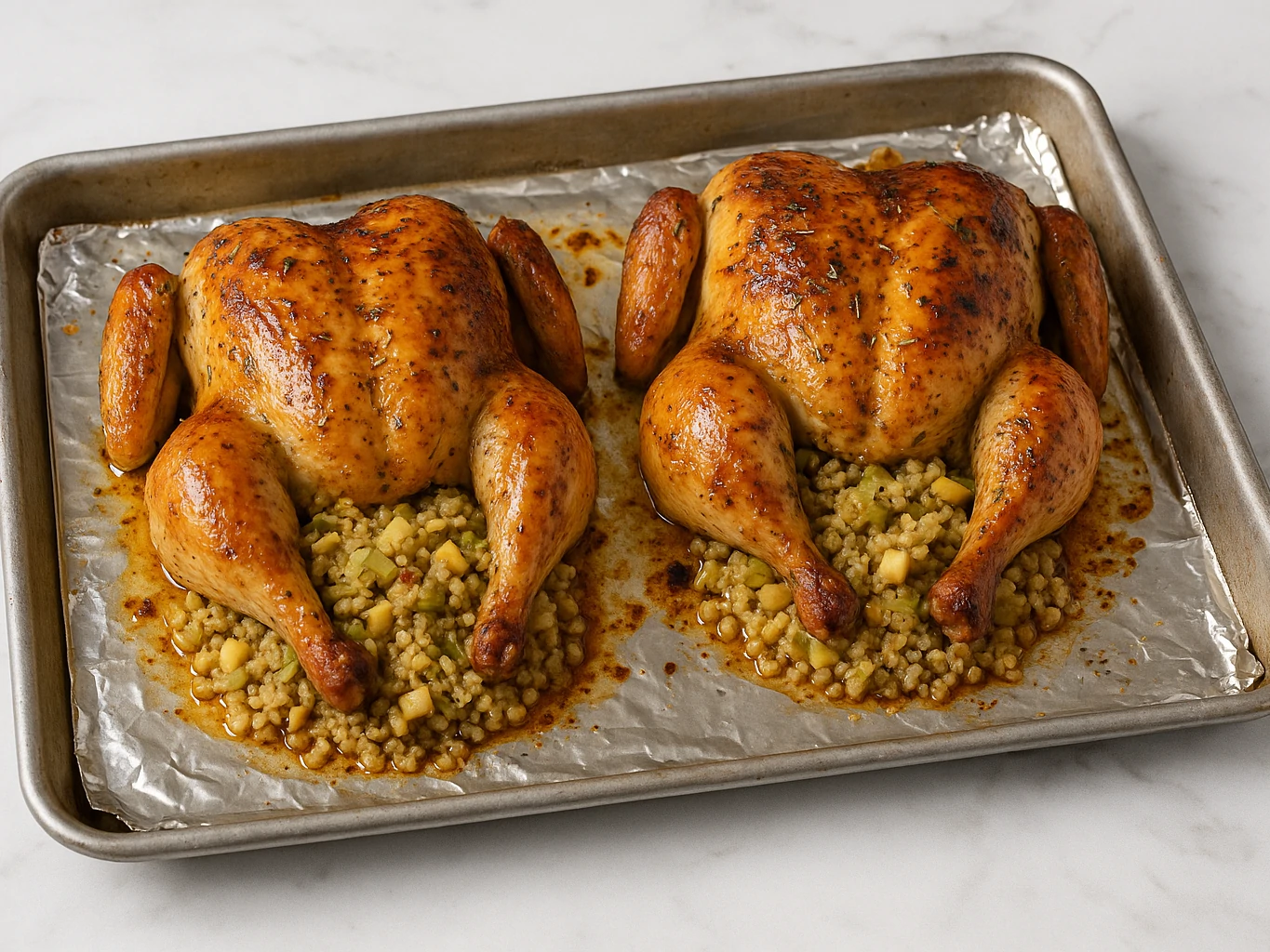 Maple Orange Chicken Halves with Bulgur, Leek and Apple Stuffing