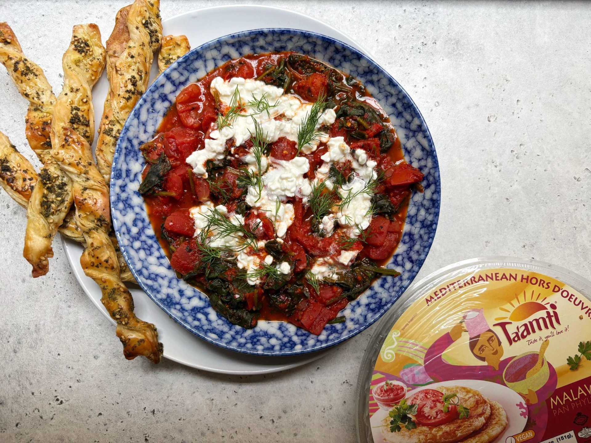 Za’atar Malawach Twists with Spinach Shakshuka Dip