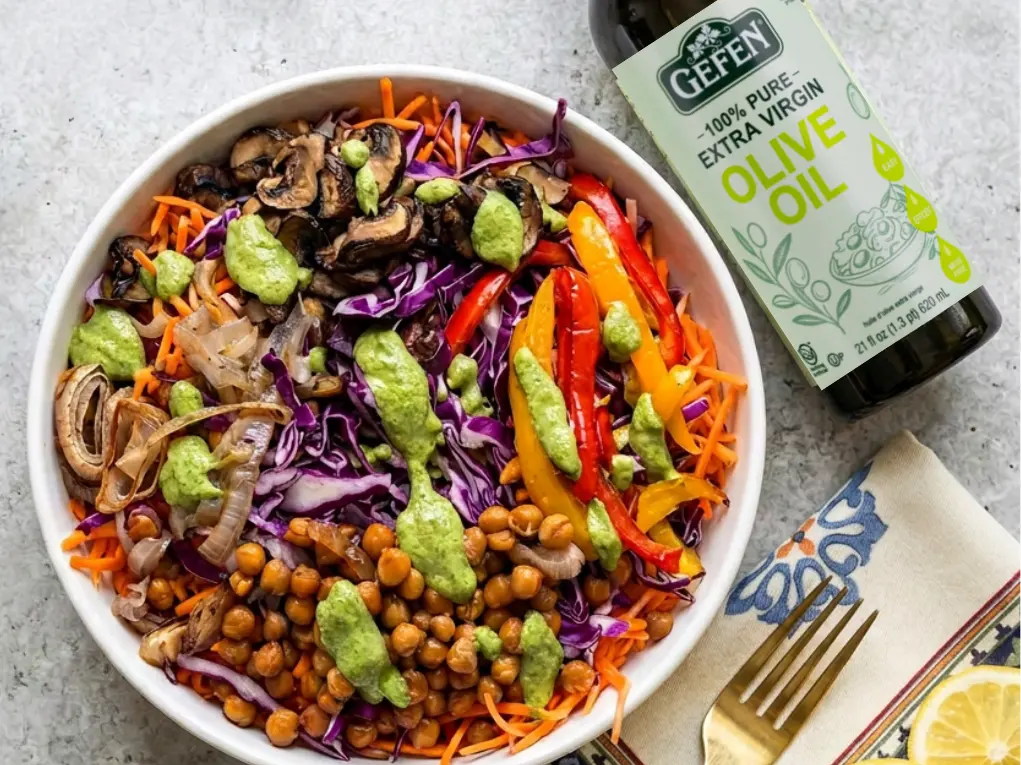 Roasted Veggie and Chickpea Salad with Basil Vinaigrette