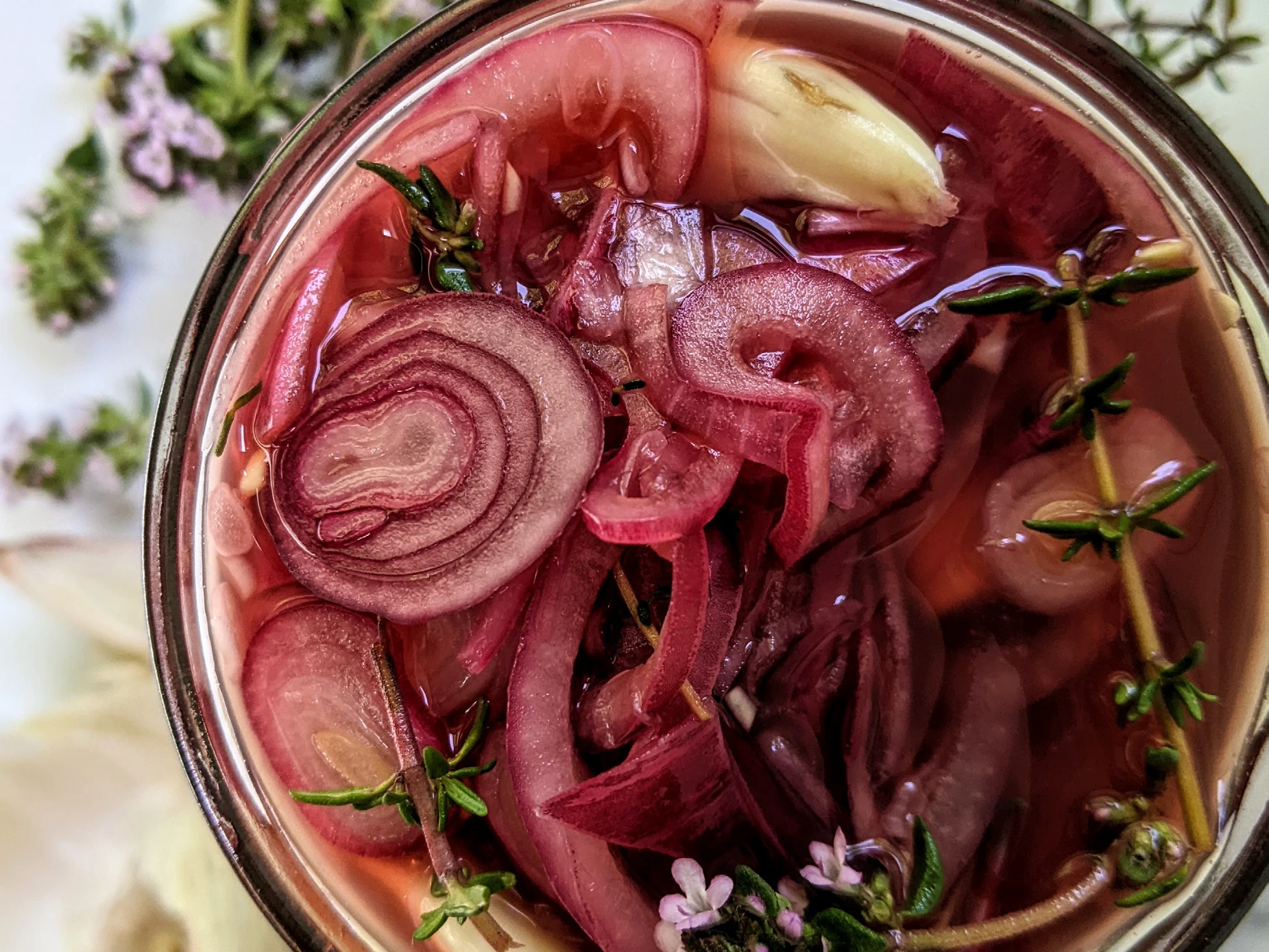 Quick Pickled Red Onions with Thyme, Garlic, and Honey