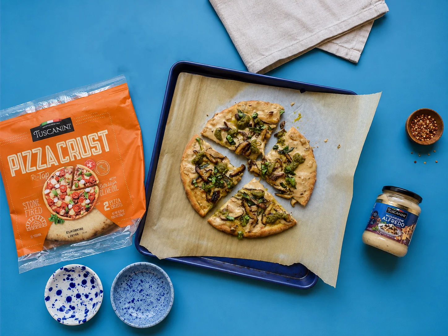 Mushroom Alfredo Pizza with Crispy Shiitakes and Pesto