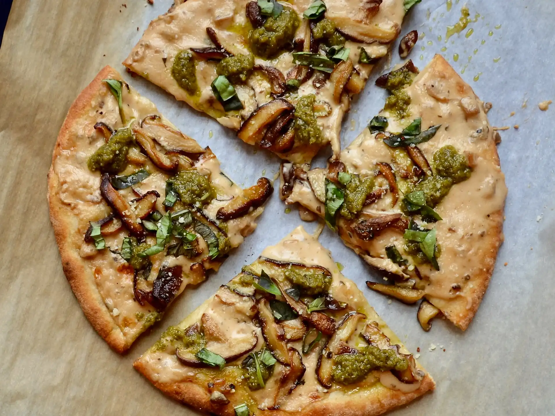 Mushroom Alfredo Pizza with Crispy Shiitakes and Pesto