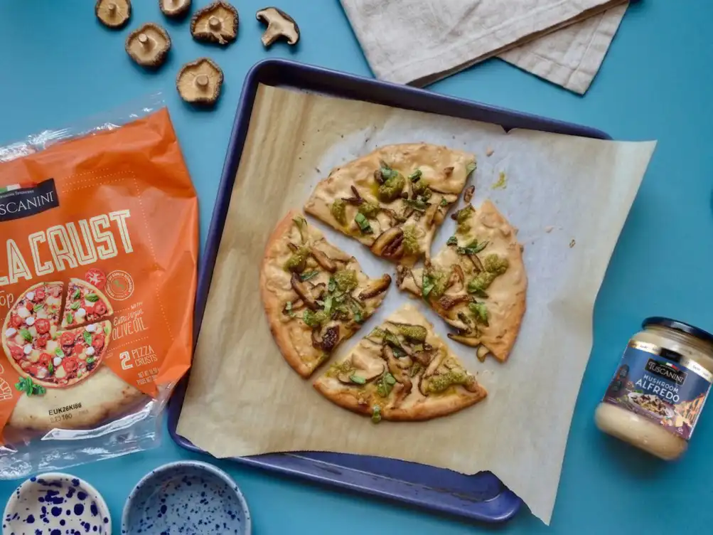 Mushroom Alfredo Pizza with Crispy Shiitakes and Pesto