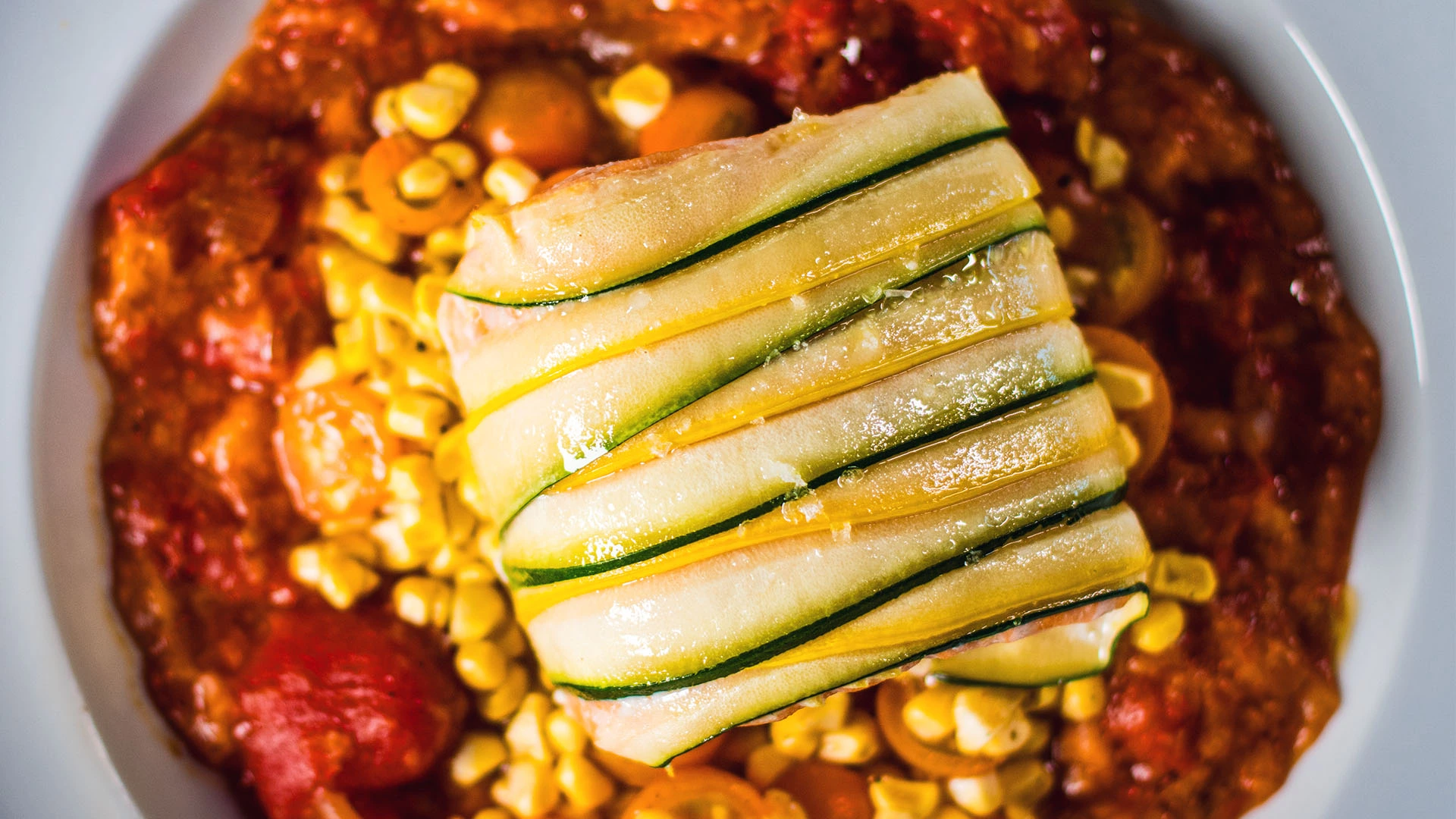 Salmon en Courgette with Corn Salad and Pappa al Pomodoro