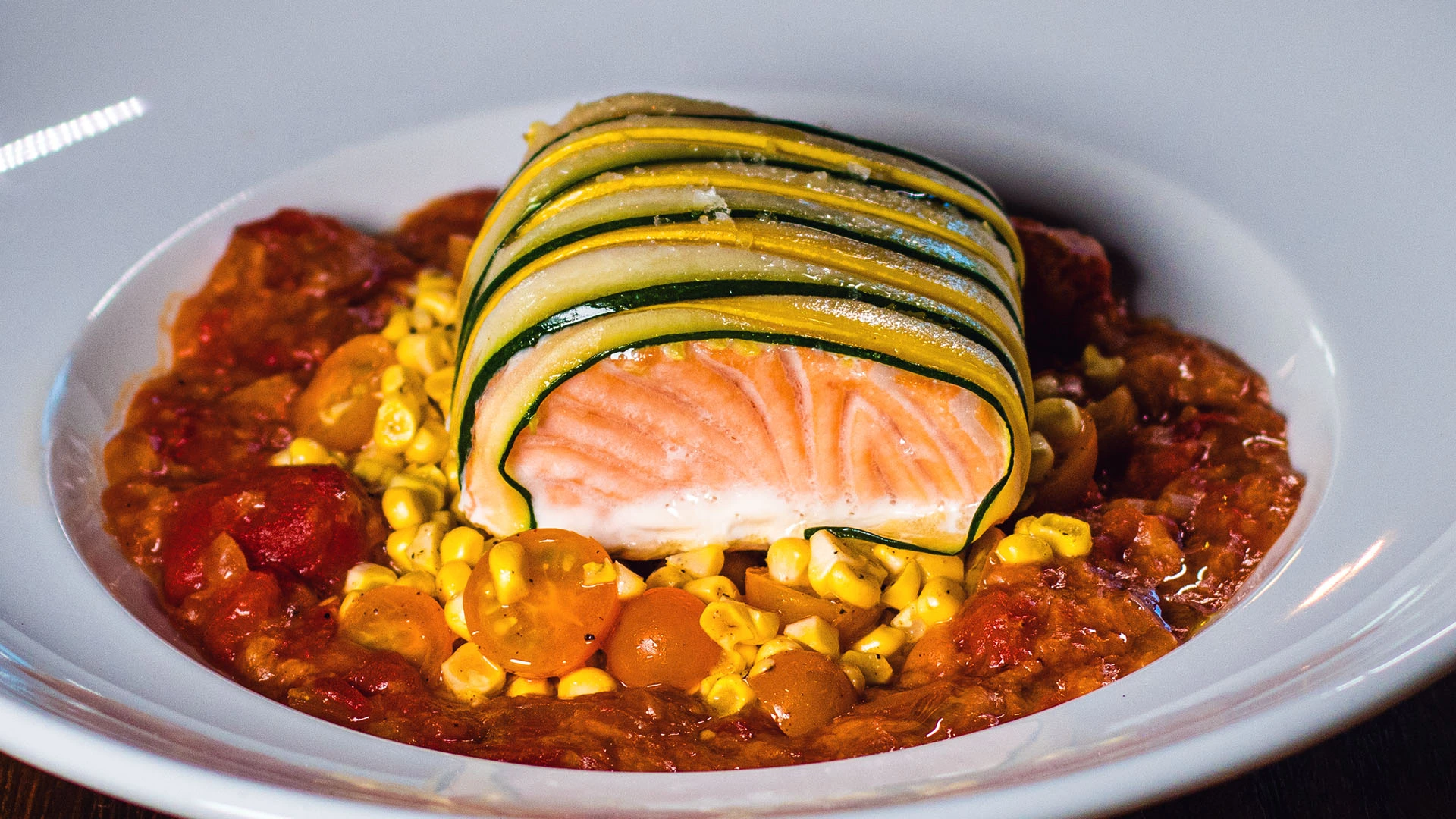 Salmon en Courgette with Corn Salad and Pappa al Pomodoro