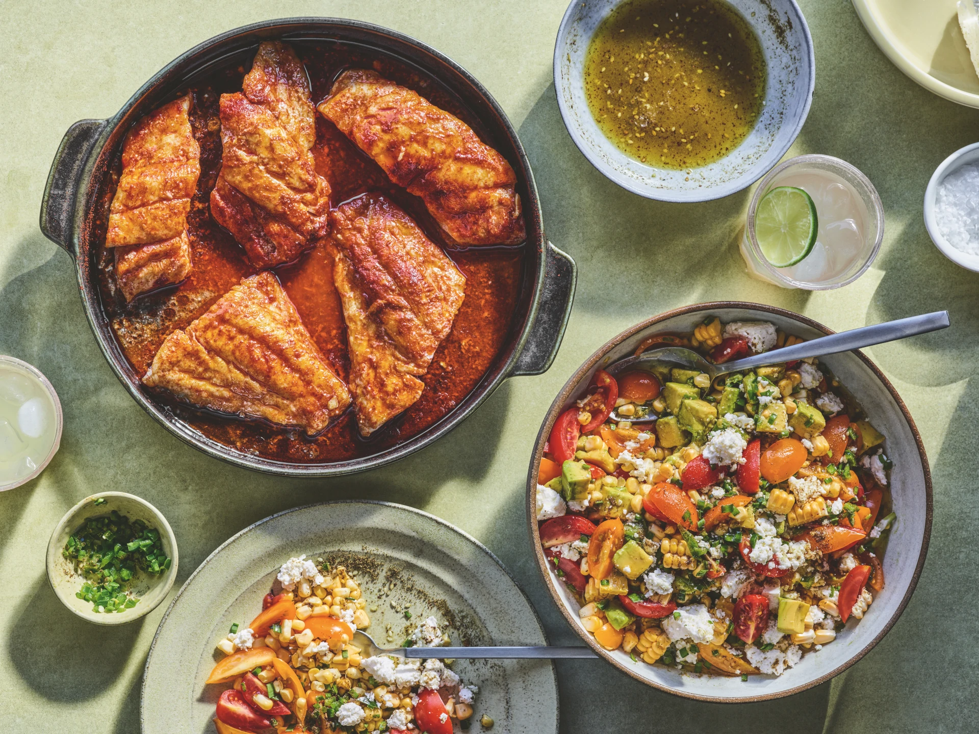 Harissa Butter Roasted Fish with Corn, Tomato, Avocado and Feta Salad
