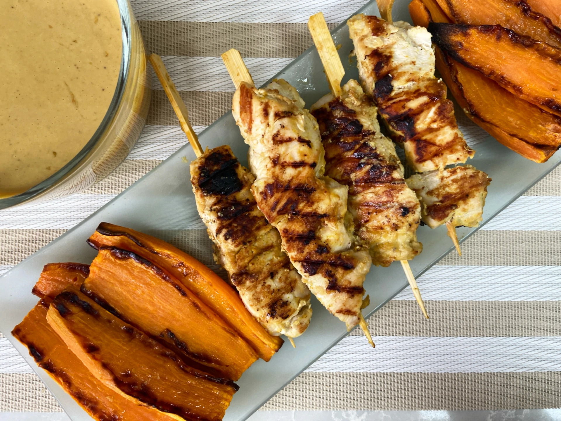 Chicken Satay Skewers and Sweet Potatoes
