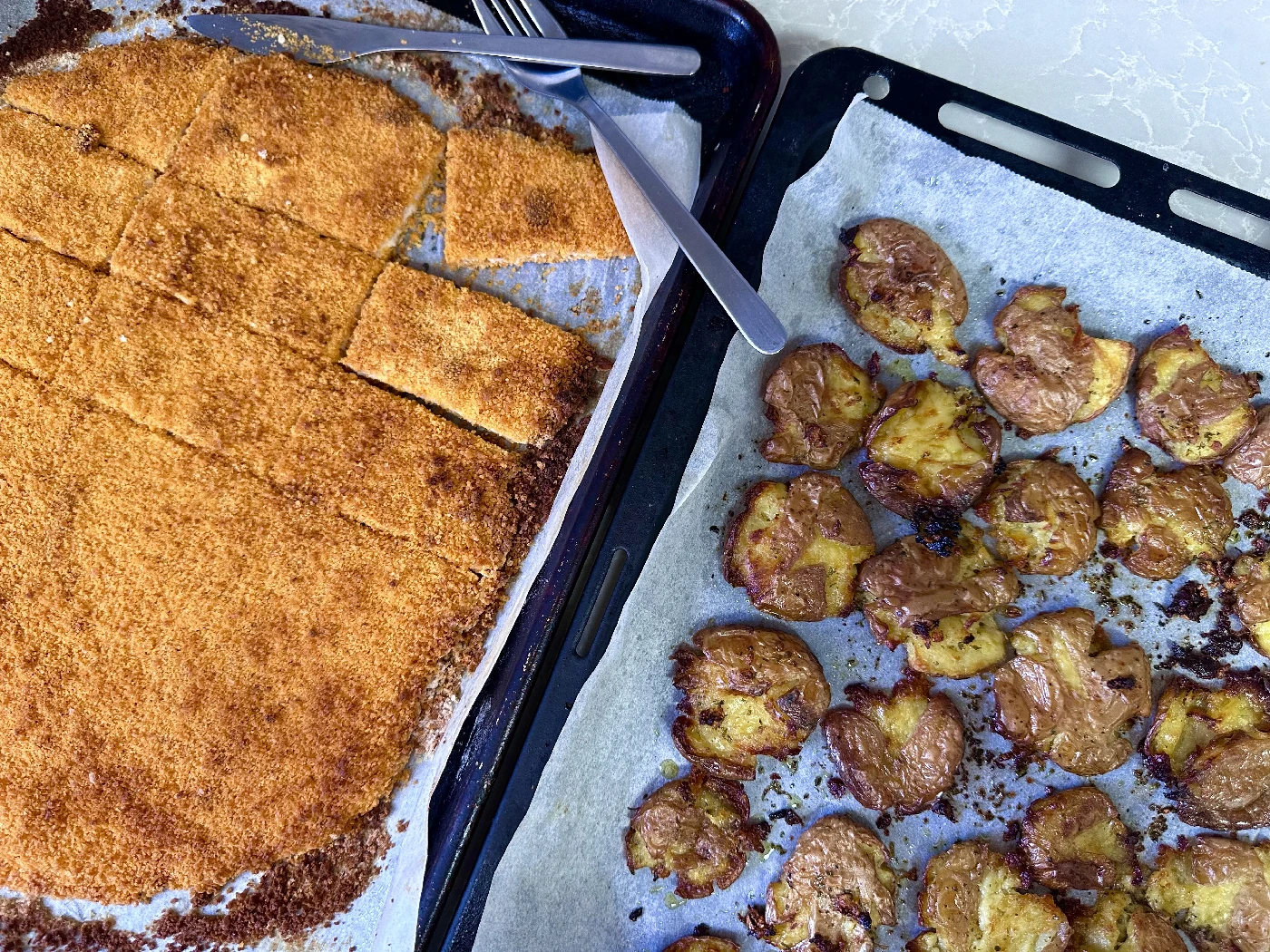 Huge Sheet Pan Chicken Nugget and Garlic Smashed Potatoes