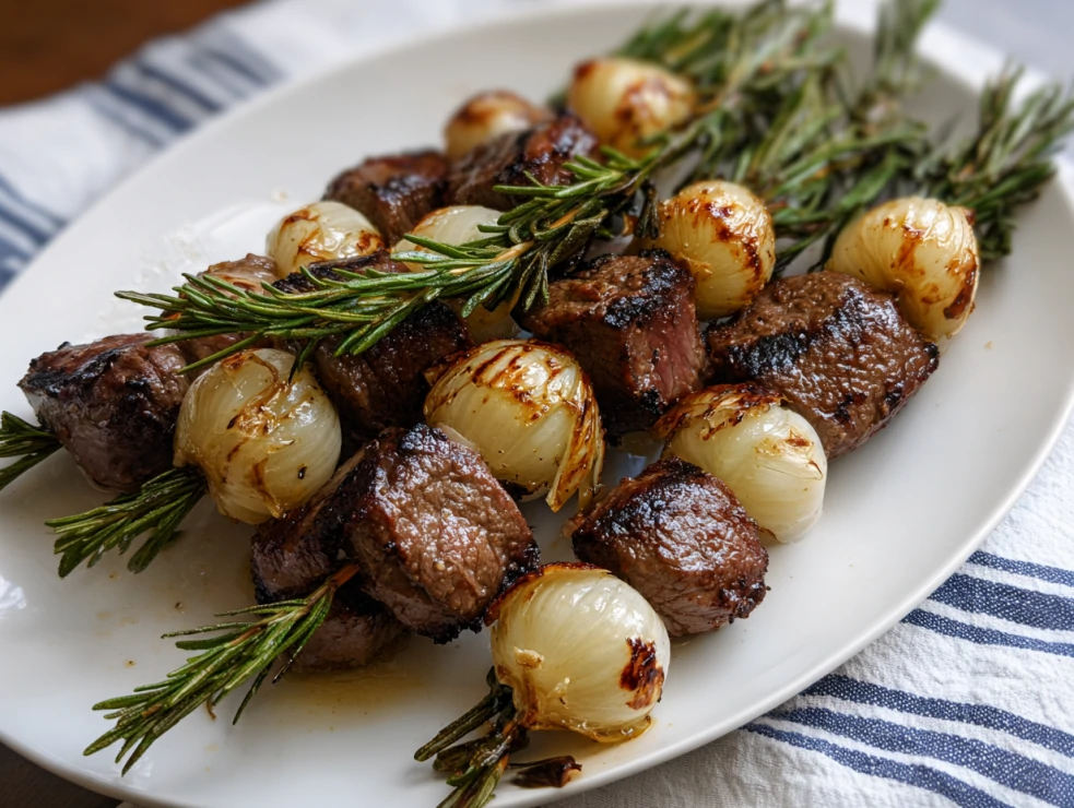 Wine Marinated Beef and Onion on Rosemary Sprigs