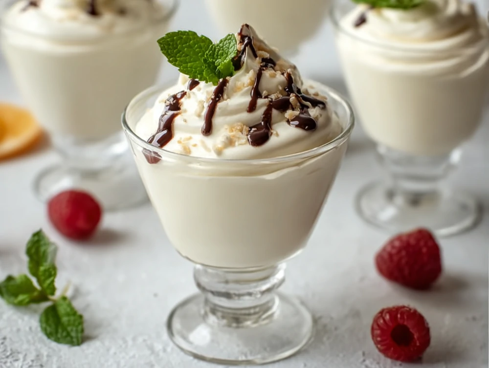 White Chocolate Mousse with Dark Chocolate Sauce